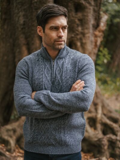 Wool Blend Aran Half Zip Sweater Denim Blue