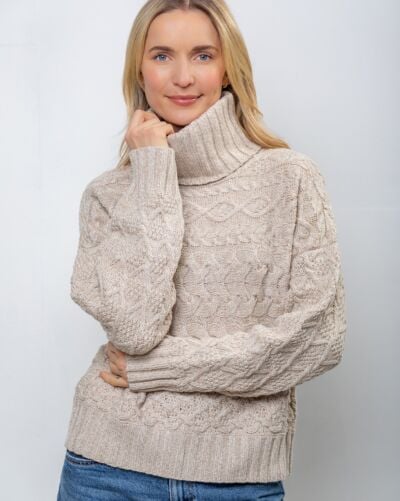 100% Fine Merino Wool Cable Polo Neck Beige 