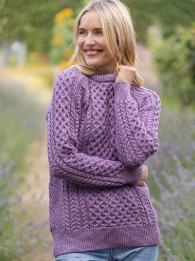 Ladies Merino Wool Fitted Aran Sweater LAVENDER