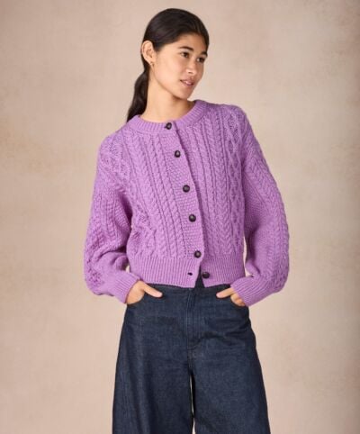Clover Cropped Aran Cardigan in Lilac Marl