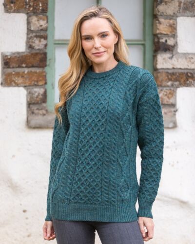 Pure Wool Unisex Aran Sweater Moss Green
