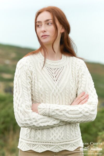 Scallop Hem Crew Neck Lace Sweater Natural