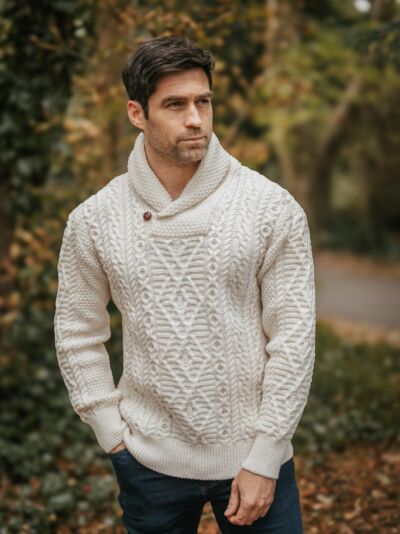 Men's Aran Shawl Neck Merino Wool Sweater