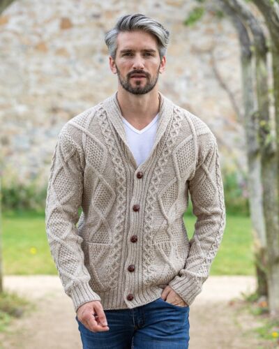 Mens v Neck Cable Knit Cardigan Parsnip 