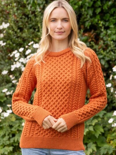 Ladies Merino Wool Aran Sweater - Orange