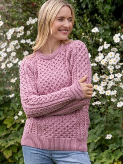 Ladies Merino Wool Fitted Aran Sweater Pink 