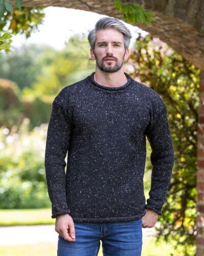 Mens Donegal Wool Roll Neck Sweater Black Mix