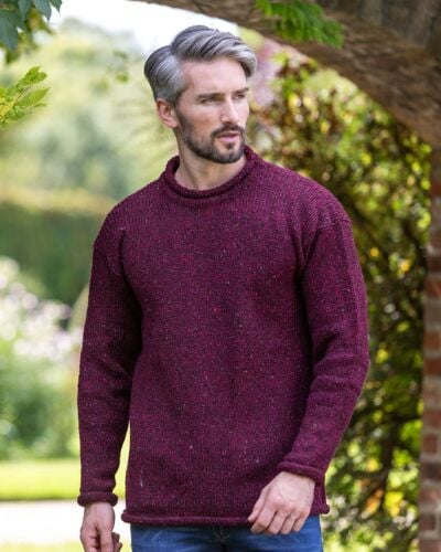 Mens Donegal Wool Roll Neck Sweater Burgundy