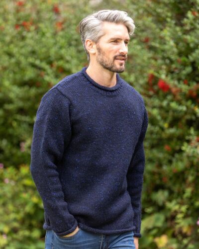 100% Donegal Roll Neck Sweater Dark Blue