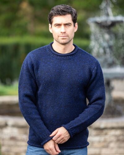 100% Donegal Roll Neck Sweater Dark Blue