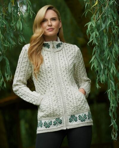 100% Merino Wool Shamrock Zip Cardigan