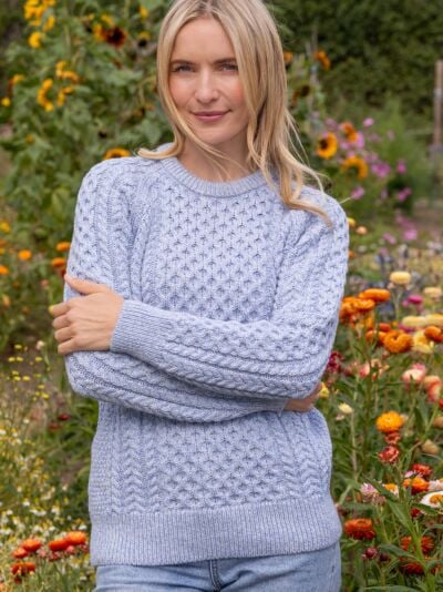 Ladies Merino Wool Fitted Aran Sweater Sky Blue