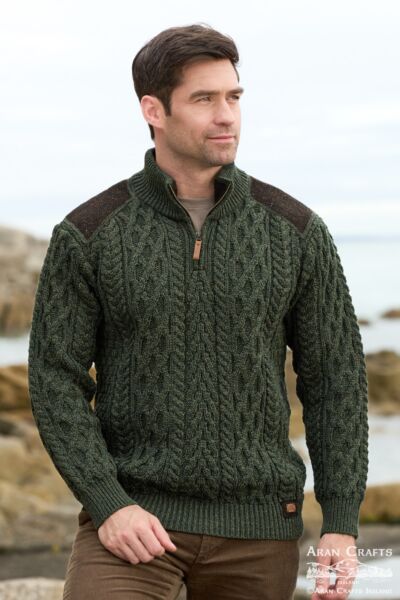 Aran Half Zip Tweed Shoulder Patches Army
