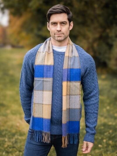 Wool and Cashmere Unisex Scarf Blue and Yellow Check