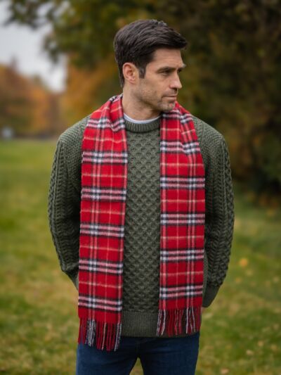 Wool and Cashmere Unisex Scarf Red and Black Check