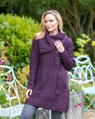 Merino Wool Aran Coatigan Damson