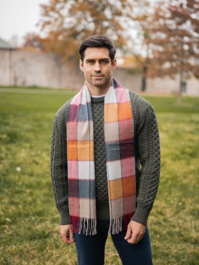 Wool and Cashmere Unisex Scarf Yellow Orange Check