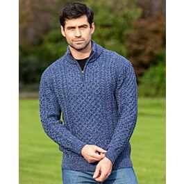 Mens Aran Half Zip Neck Sweater Denim Marl | The Sweater Shop