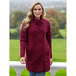 Side Zip Aran Coat Burgundy | The Sweater Shop