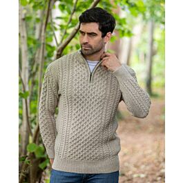 Mens Aran Half Zip Neck Sweater Beige | The Sweater Shop