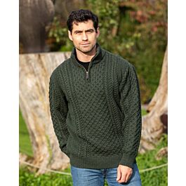 Mens Aran Half Zip Neck Sweater Green | The Sweater Shop