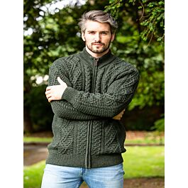 Full Zip Mens Aran Cardigan - Army Green | The Sweater Shop