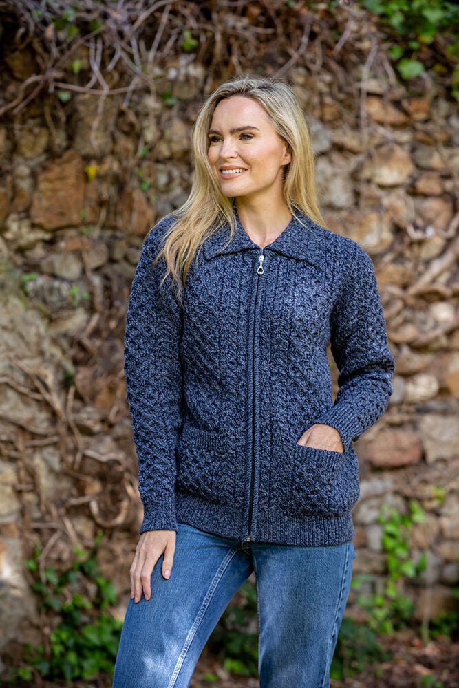 Aran Zip Cardigan with Collar - Denim Marl Aran Zip Cardigan with Collar - Denim Marl