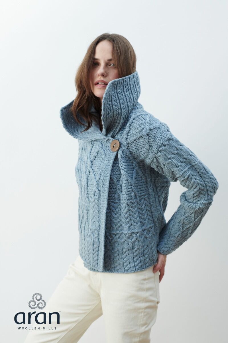 Irish Aran One Button Cardigan Sky Blue | The Sweater Shop