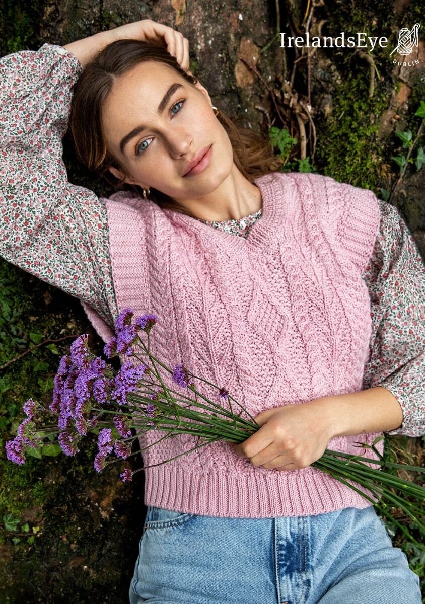 Sweetpea V Neck Aran Vest Pale Pink | The Sweater Shop