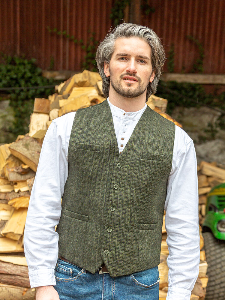 Men's Tweed Deep Olive Lined Waistcoat | The Sweater Shop